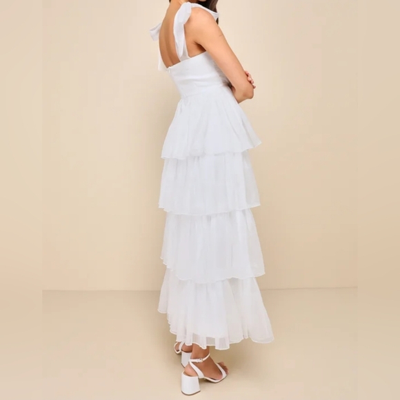 Lulus Womens Radiant Arrival Shiny White Organza Tiered Tie-Strap Maxi Dress - Picture 4 of 11